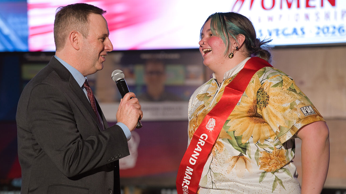 Erika Ciminnisi prepares to roll the ceremonial first ball at the 2026 USBC Women's Championships